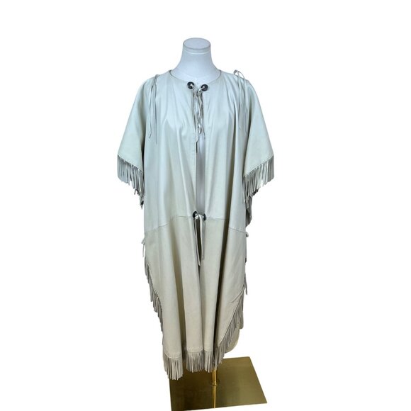 Char & Sheer Womens Cream Leather Fringe Poncho Stylish Loose Fit OS - Picture 1 of 6